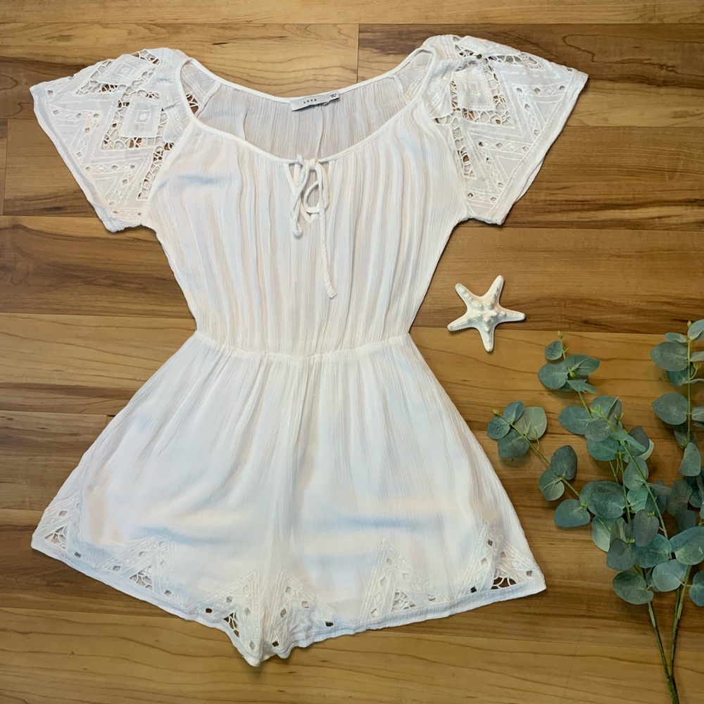 Lush Women’s White Tie Front Eyelet Romper, Size Small